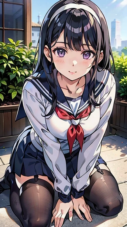 Sailor suit, One Woman, (Beautiful woman, Delicate schoolgirl:1.3), 8K, Highest quality, masterpiece, Very detailed, Ultra-high resolution, Realistic, RAW Photos, Absolute Resolution, Black Hair, long hair, face is small compared to body, Very small face, Black Hair, ((紺色のSailor suit)), Navy Blue Skirt, Sailor suitを着た女子高生, 2D Rendering of Anime, ((White headband)), Large Breasts, expensive, Slanted Eyes, Purple eyes, Black Stockings, garter belt, A shy smile, garden, (Thinking pose:1.3), (Top-down position:1.3), Blurred Background,