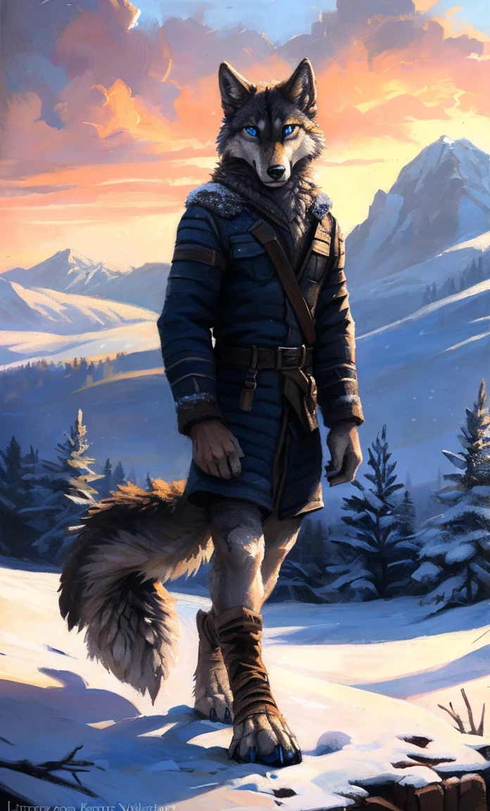 ((Solo)), male people, anthro wolf, (Multi-colored fur, White-brown:1.3,White tail pointed), (Height 2.1m,Tail length 1.2m), ((Wolf face, Big eyes, White eyelids, Blue pupil, Slim:1.2) (Tough, Calm expression:1.2)), Slim, pinging)), (Correct anatomy), (Winter clothing:1.1), The upper body naked, (detailed outfits),A long big tail,Feet,(Realistic fur, Detailed fur texture, labeled:1.3)), (Natural lighting), Photorealistic, Hyperrealistic, ultradetailed, by Kenket,Snowfield,erect through,Running on