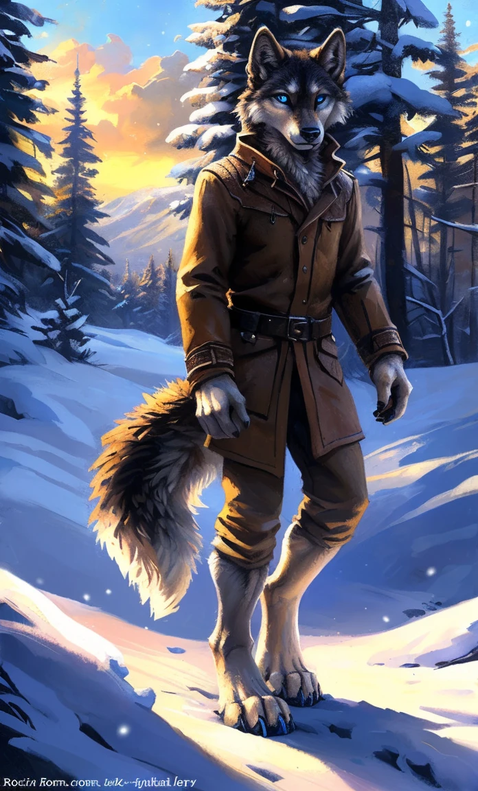 ((Solo)), male people, anthro wolf, (Multi-colored fur, White-brown:1.3,White tail pointed), (Height 2.1m,Tail length 1.2m), ((Wolf face, Big eyes, White eyelids, Blue pupil, Slim:1.2) (Tough, Calm expression:1.2)), Slim, pinging)), (Correct anatomy), (Winter clothing:1.1), The upper body naked, (detailed outfits),A long big tail,Feet,(Realistic fur, Detailed fur texture, labeled:1.3)), (Natural lighting), Photorealistic, Hyperrealistic, ultradetailed, by Kenket,Snowfield,erect through,Running on
