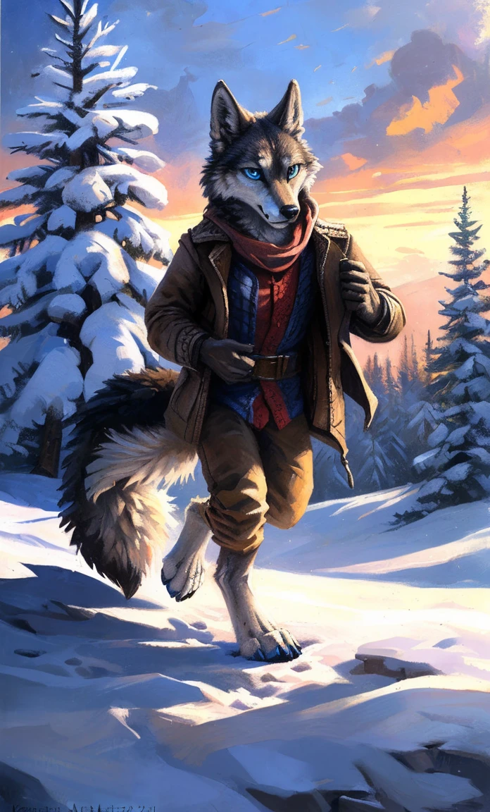 ((Solo)), male people, anthro wolf, (Multi-colored fur, White-brown:1.3，White tail pointed), (Height 2.1m,Tail length 1.2m), ((Wolf face, Big eyes, White eyelids, Blue pupil, Slim:1.2) (Tough, Calm expression:1.2)), Slim, pinging)), (Correct anatomy), (Winter clothing:1.1), The upper body  naked, (detailed outfits),A long big tail，Feet，(Realistic fur, Detailed fur texture, labeled:1.3)), (Natural lighting), Photorealistic, Hyperrealistic, ultradetailed, by Kenket，Snowfield，erect through，Running on