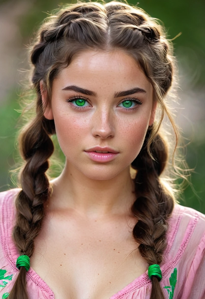 25 year old girl with targaryen style braided wavy long hair, freckles, green eyes and brown hair Beautiful realistic , a 25 year old beautiful girl, brunette hair, (((bright green eyes))), youthful, big lips, small nose, thick eyebrows, round youthful cheeks, long hair, tanned skin, (((pink tight blouse on)))