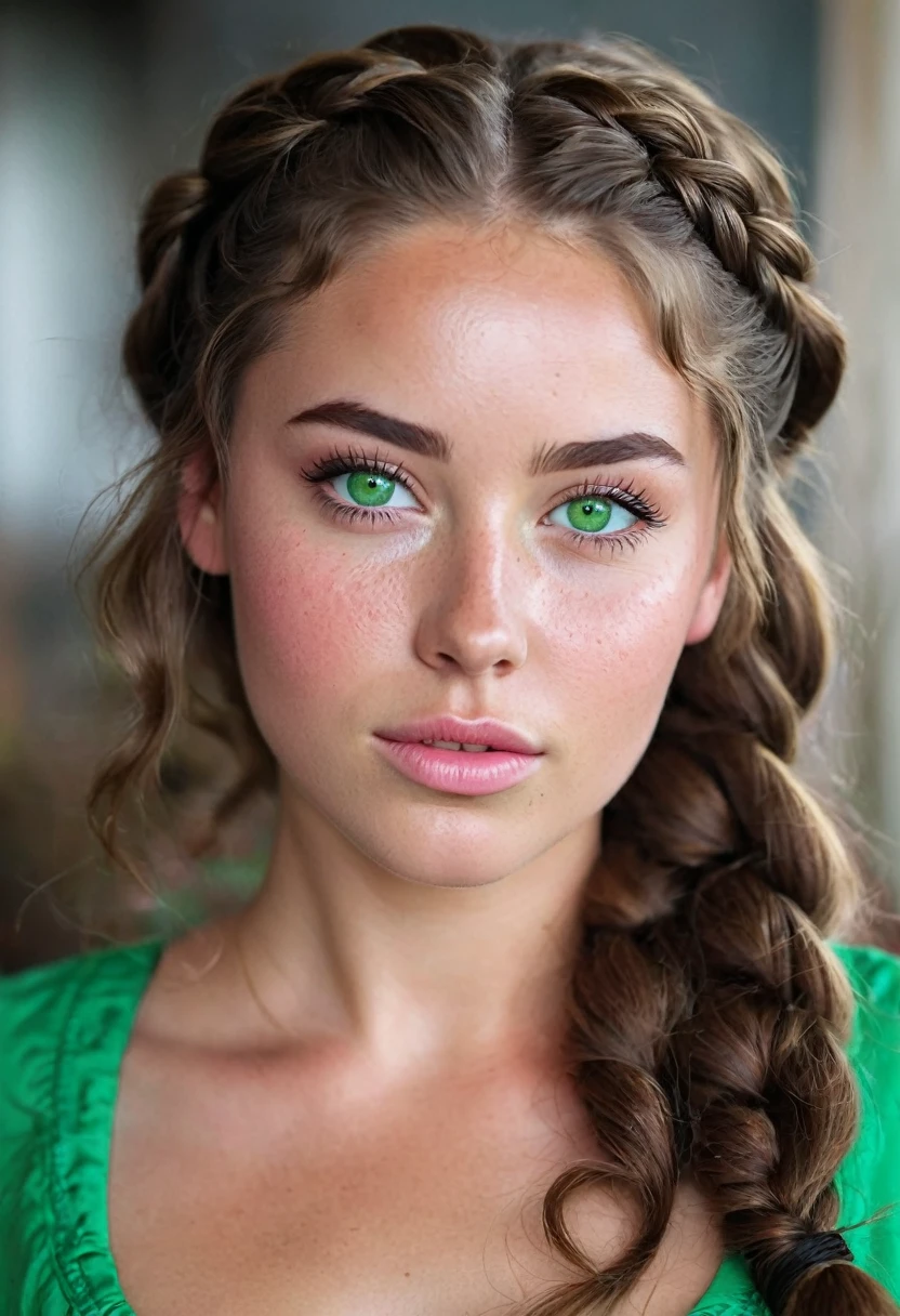25 year old girl with targaryen style braided wavy long hair, freckles, green eyes and brown hair Beautiful realistic , a 25 year old beautiful girl, brunette hair, (((bright green eyes))), youthful, big lips, small nose, thick eyebrows, round youthful cheeks, long hair, tanned skin, (((pink tight blouse on)))
