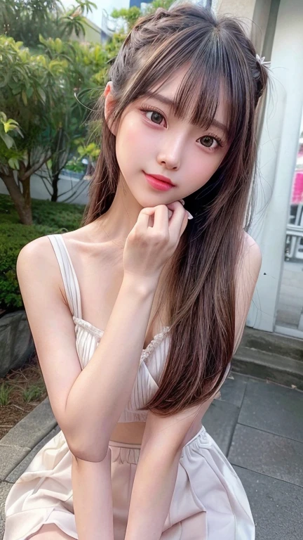 best qualityer, , small, 100 cm, black hair, long hair, baby face, small, Linda, Grinning, whole body, nova, smallbreast, showing the chest, hair styled with, cat ear tiara, photoshot, showing body, in house, real light, realisitic, fine-detailed, good lighting environment, lampshade, ful dressed, sweetie, ful dressed curto, casual, 