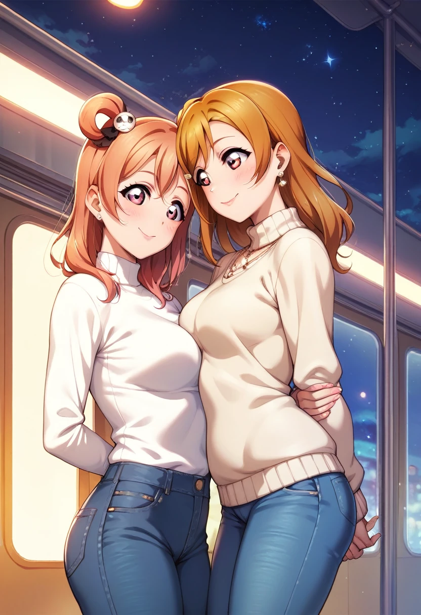 Honoka Kosaka love live, beautiful,(lipstick:0.8),night, train station, tight jeans pants,sweater top,arms behind back,  hair ornament, standing ،yearning