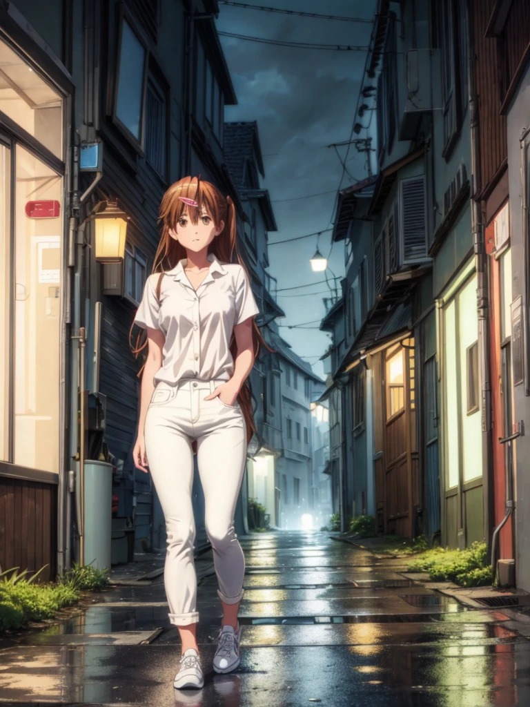 Girl, White jeans, Blue Unbuttoned Blouse, street background, openlegs, night, Narrow alley between houses, night, rain, Sneakers
