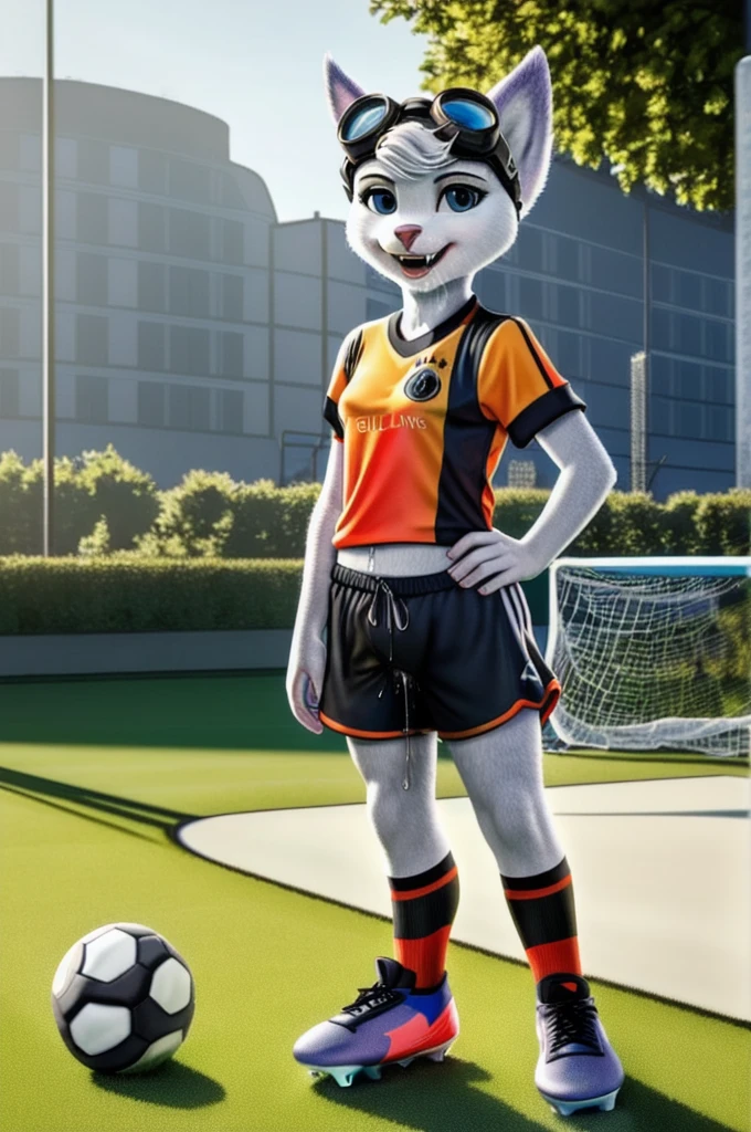 Rivet, tail, furry girl, 1girl, solo, young, (((Germany soccer shorts))), (((Germany soccer shirt))), (((Germany soccer shoes))), standing inside city park, detailed body fur, detailed body, detailed eyes, detailed face, athletic, skinny, high quality, masterpiece, small breasts, goggles, :D, looking at you, full body, ((good lighting on crotch)), (aroused), (horny), (bedroom eyes), ((vaginal juice dripping from crotch))