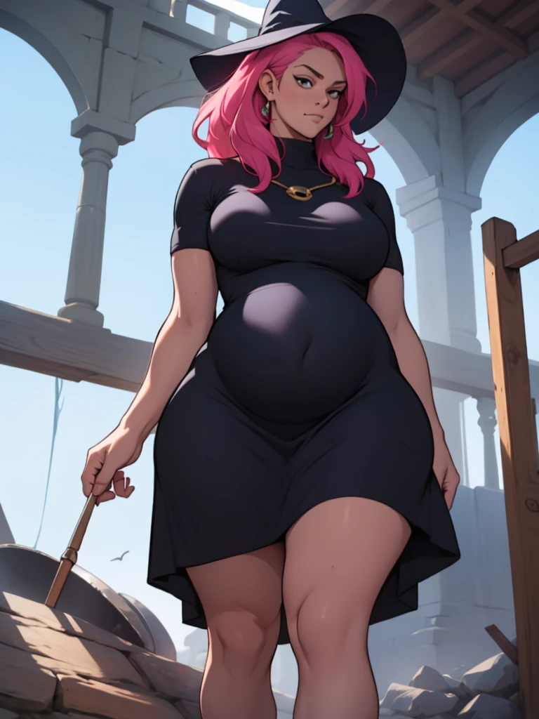 older woman in her 30s, with pink hair and a tall, curvy body, breasts big, in this, (work of art, best qualityer:1.2) wearing the legendary great black dress of the mystical sorceress, Big witch hat, pregnant, standing alone, alone, pink massive hair