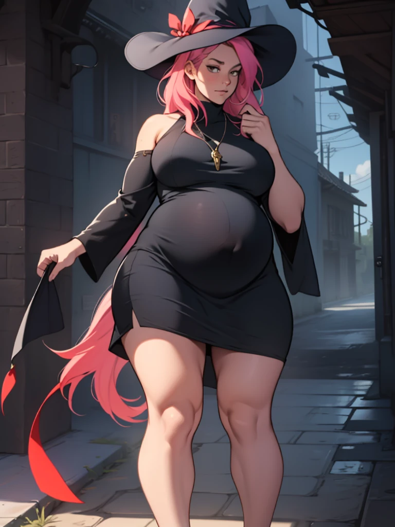 older woman in her 30s, with pink hair and a tall, curvy body, breasts big, in this, (work of art, best qualityer:1.2) wearing the legendary great black dress of the mystical sorceress, Big witch hat, pregnant, standing alone, alone, pink massive hair