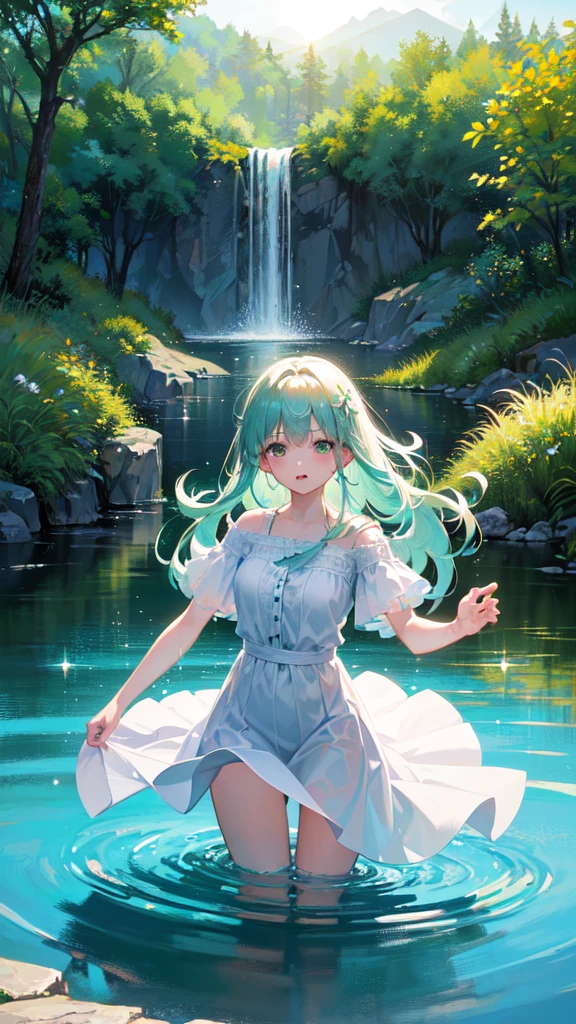 (Logo、Astonishing、8K、On the table、RAW photos、Astonishing、最high quality、Photorealistic and Very detailed、CG、high quality、Very detailed、Story Poems、Particle Effects、dynamic effect、Text border depth、light、lens flare、Ray Tracing、On the table、real、Ultra HD、fantasy)、Beautiful water、Water splash、Water Flow、The water rises、Dreamy beauty、The beauty and sparkle of crystal clear green water、The tranquility and beauty of water、Want to knowfulwind view、Beautiful natural water、green、wind、Want to know、Want to knowful