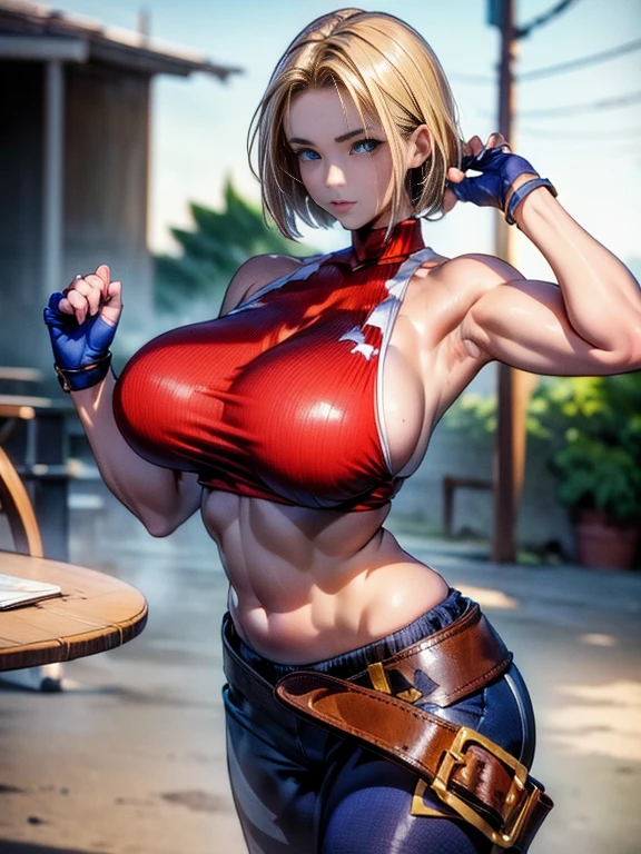 blue_Marie, ((masterpiece, Highest quality, Best image quality, High resolution, Realistic, RAW Photos, 8K)), ((非常に詳細な CG 統合 8K 壁紙)), (Huge and stunning goddess shot, Very hot and sexy, Incredible beauty, Perfect proportions, Beautiful body, Very muscular body beauty:1.5), Hip Up, Looking down at the viewer, tightly closed mouth,Voluminous bob cut,Platinum blonde hair, Beautiful Eyes, FCup Breasts,dove chest , Very thick and muscular thighs ,Trained abdominal muscles,Slim and toned waist,Street Fighter,Fighting game female characters,Dynamic Movement Shoes, Sweaty、Ultra detailed crotch, Very thick and muscular thighs,Thighs that are thicker and more muscular than the waist,Looking up from below,Low - Angle,Detailed armpits ,Ultra-detailed wet skin, Very thick biceps, Sweaty armpits,Brush your hair up, Very muscular woman , Blurred Background , On a very hot day、Stand with your feet apart, With the right hands and fingers,Thimble gloves