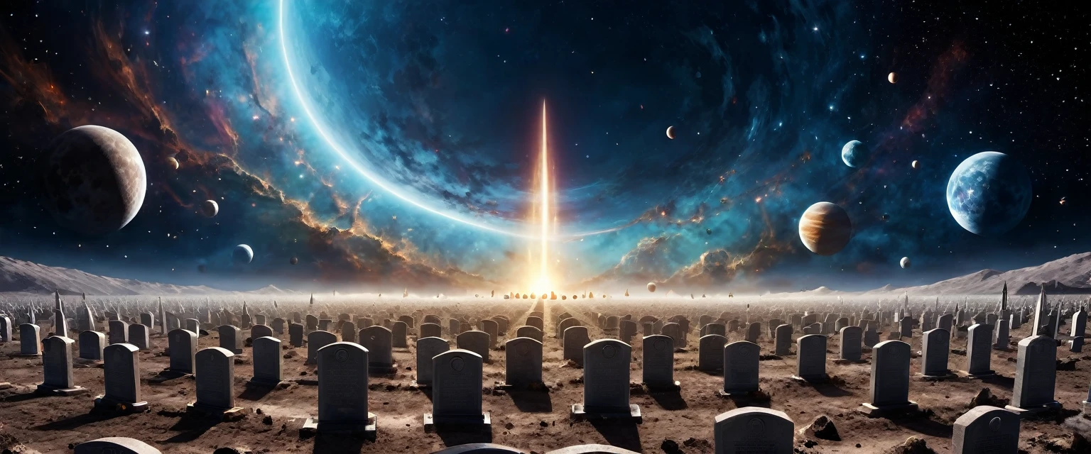 there is  a military graveyard built on the moon, many tombstones in rows (tombstones are identical in shape and color) and lines, ((there is 1flag being raised: 1.4)), in honor of the fallen. the graveyard is based on the moon, you can see the earth in the background and some stars in space, you can see the rings of Saturn, you can see the milky way, vibrant, Ultra-high resolution, High Contrast, (masterpiece:1.5), highest quality, Best aesthetics), best details, best quality, highres, ultra wide angle, 16k, [ultra detailed], masterpiece, best quality, (extremely detailed), 3D rendering, raging nebula