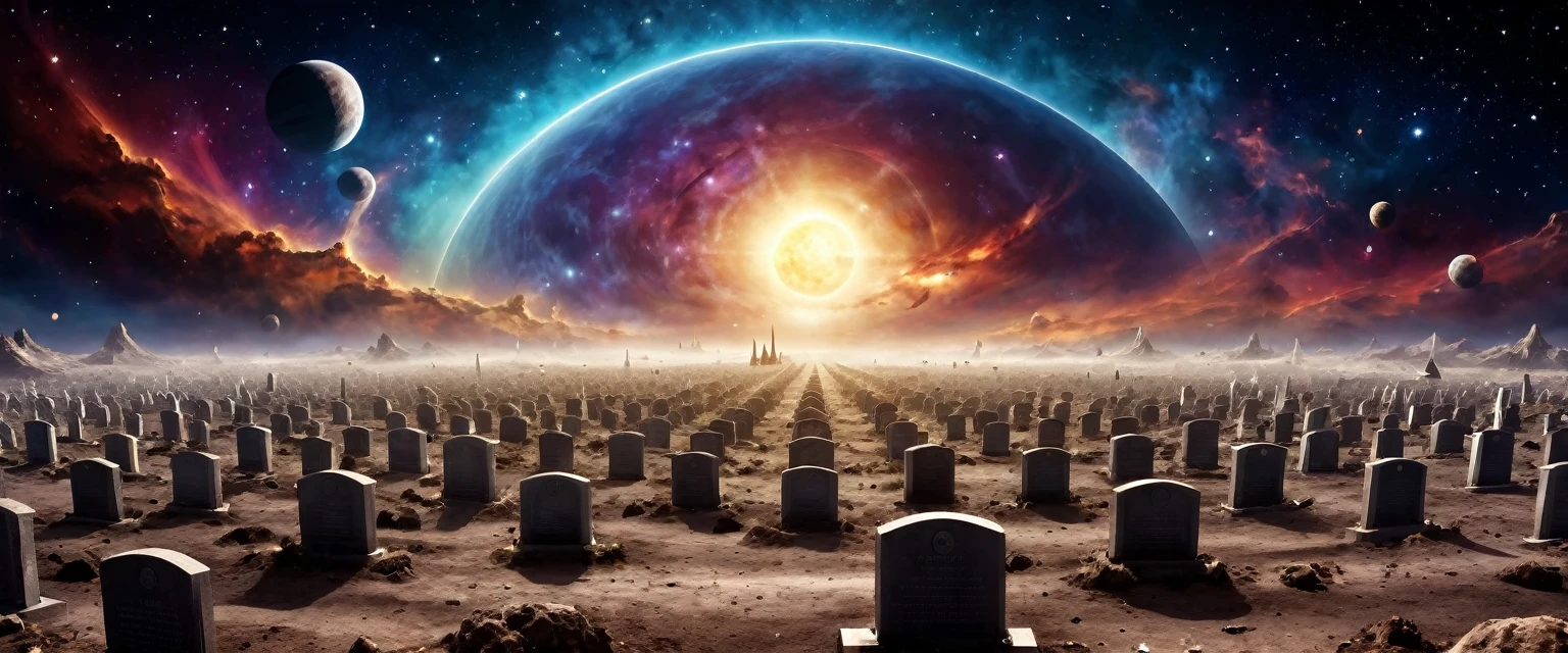 there is  a military graveyard built on the moon, many tombstones in rows (tombstones are identical in shape and color) and lines, ((there is 1flag being raised: 1.4)), in honor of the fallen. the graveyard is based on the moon, you can see the earth in the background and some stars in space, you can see the rings of Saturn, you can see the milky way, vibrant, Ultra-high resolution, High Contrast, (masterpiece:1.5), highest quality, Best aesthetics), best details, best quality, highres, ultra wide angle, 16k, [ultra detailed], masterpiece, best quality, (extremely detailed), 3D rendering, raging nebula