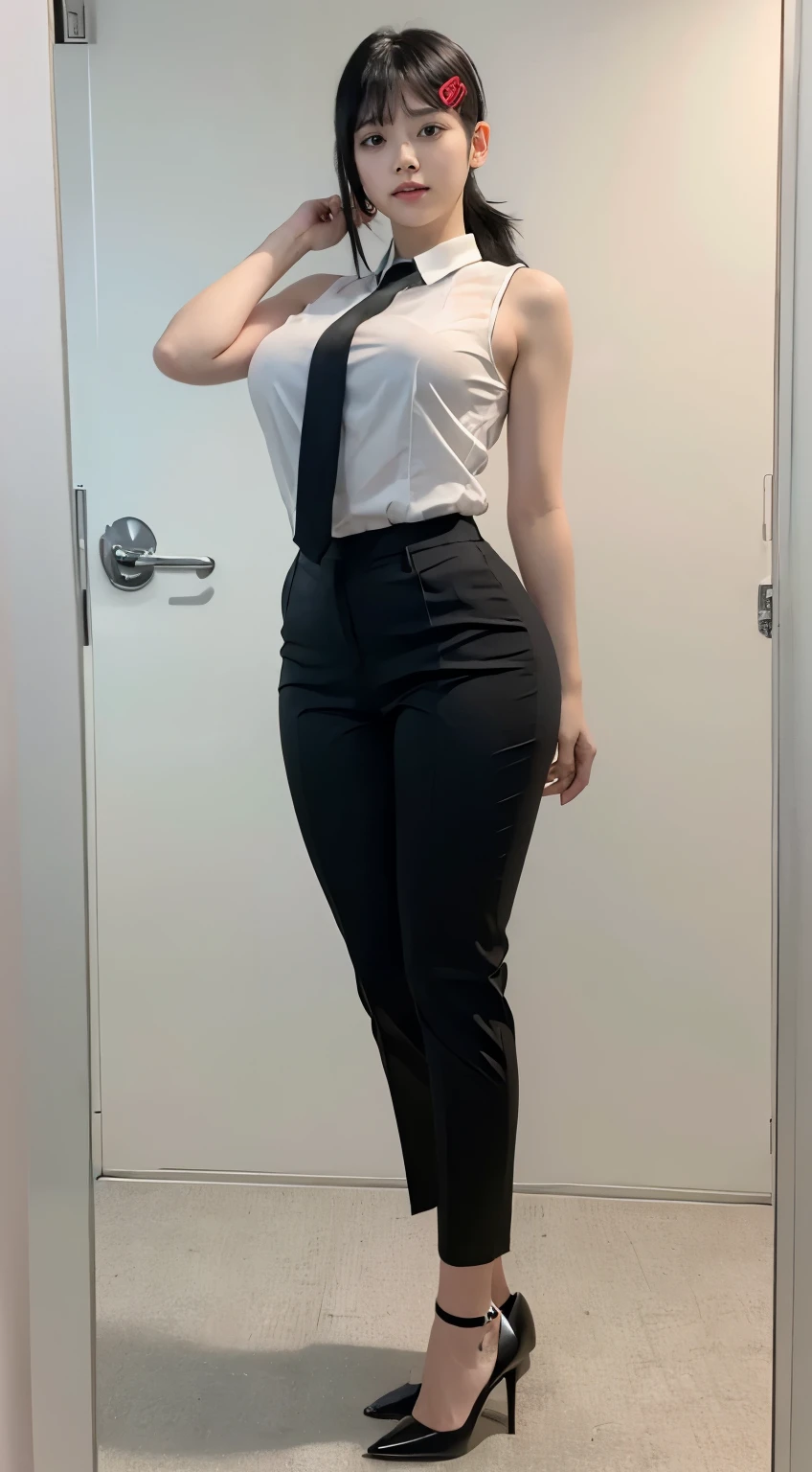 Highest quality、Ultra-high resolution、Professional Lighting、Detailed Background、workroom、full body,Kobeni-chan、A sloppy smile、25-year-old woman、beautiful girl、(Kobeni-chan、Jet black hair, Black Hair, bangs, One-sided hair,)、(Red Hair Clip:1.1)、(White sleeveless shirt:1.2)+(Black tie:1.2)+(black long pants for work:1.2)、(Huge breasts that look like they might burst:1.2)、(Big thighs:1.1)、Are standing、Model pose