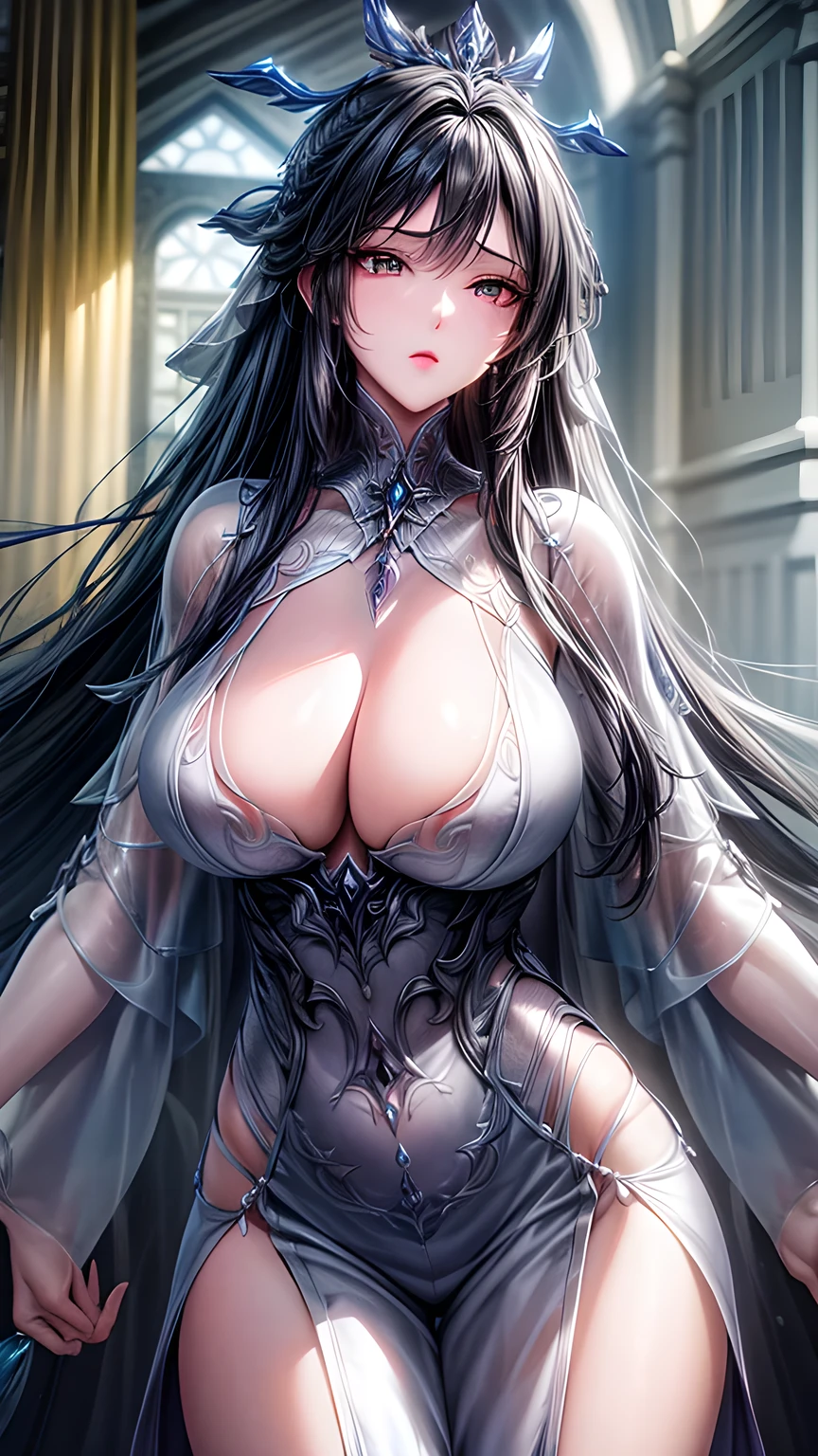 best quality, masterpiece, Big , (Large Breasts), Delicate skin texture, Detailed fabric texture, Delicate face, Super Detail, 8K, Intricate details, 1 Girl, 30 years old, High contrast, High resolution eyes, Purple Hair Goddess,Royal sister,Sexy long legs,White Silk。