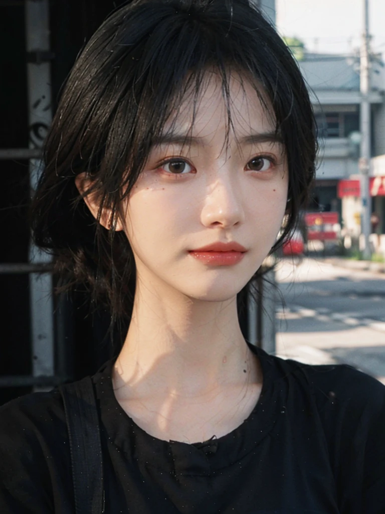 (Skin details:1.4), (smooth skin textures:1.3), （Upper body：1.4），（Upper Body：1.3)，(Black clothes:1.4)，Lipstick, background, earrings, serene, calm, (Realistic and detailed eyes：1.2）, Natural skin texture, Realistic facial details, Soft dramatic lighting, Vivid details, 35 mm film, outdoor, (Photo Practical:1.4), (hyper Practical:1.4), (Practical:1.3), (Smoother lighting:1.05), (Improve lighting quality:0.9), (Highest quality real skin textures:1.4), Exquisite eyes, Delicate face, Close-up of face, (Enhance the beauty of skin texture:1.1),0Normal body proportions, short hair, Moles under the eyes, A faint smile,Portrait Photography, Depth of Field, Bokeh, Surrealism, Ray Tracing, (Portrait Photography:1.1), Surrealism, High Detail, Chiaroscuro, Ray Tracing, reflected light, Ultra HD, Ultra HD, masterpiece, Textured Skin, Super Detail, High Detail, high quality, best quality