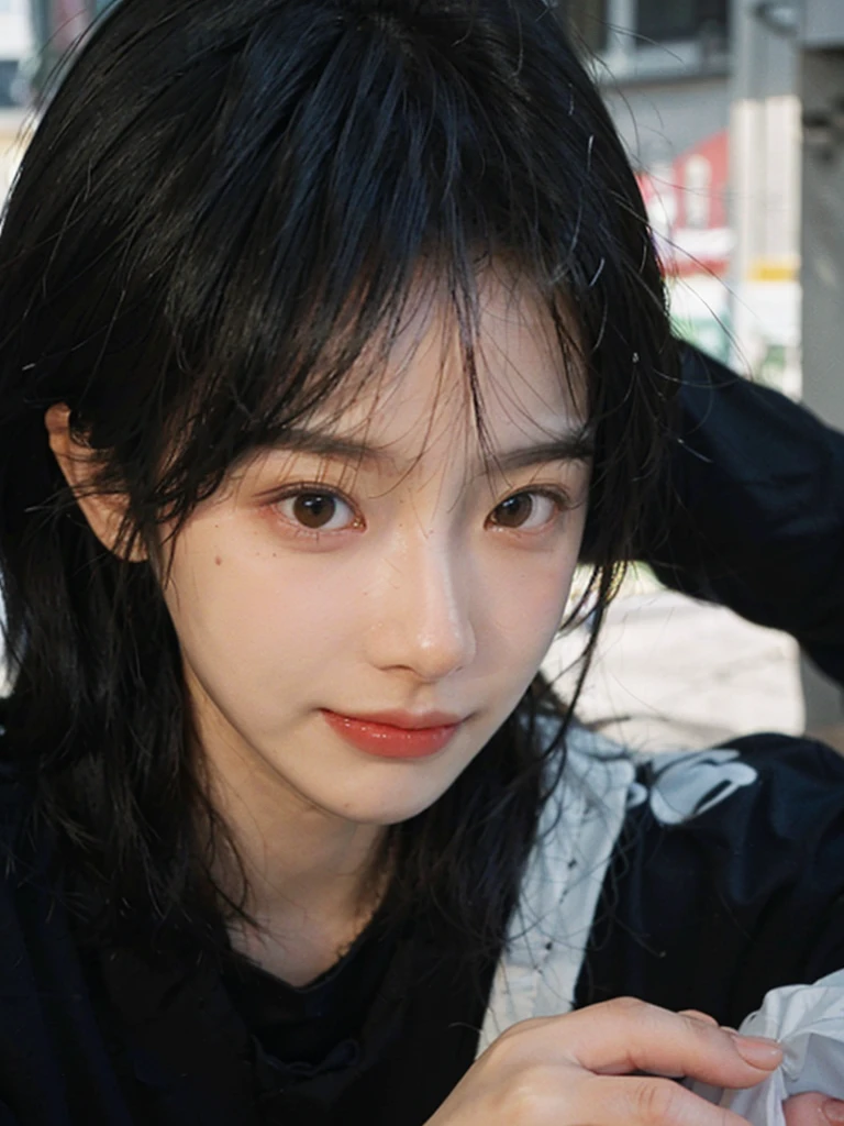 (Skin details:1.4), (smooth skin textures:1.3), （Upper body：1.4），（Upper Body：1.3)，(Black clothes:1.4)，Lipstick, background, earrings, serene, calm, (Realistic and detailed eyes：1.2）, Natural skin texture, Realistic facial details, Soft dramatic lighting, Vivid details, 35 mm film, outdoor, (Photo Practical:1.4), (hyper Practical:1.4), (Practical:1.3), (Smoother lighting:1.05), (Improve lighting quality:0.9), (Highest quality real skin textures:1.4), Exquisite eyes, Delicate face, Close-up of face, (Enhance the beauty of skin texture:1.1),0Normal body proportions, short hair, Moles under the eyes, A faint smile,Portrait Photography, Depth of Field, Bokeh, Surrealism, Ray Tracing, (Portrait Photography:1.1), Surrealism, High Detail, Chiaroscuro, Ray Tracing, reflected light, Ultra HD, Ultra HD, masterpiece, Textured Skin, Super Detail, High Detail, high quality, best quality