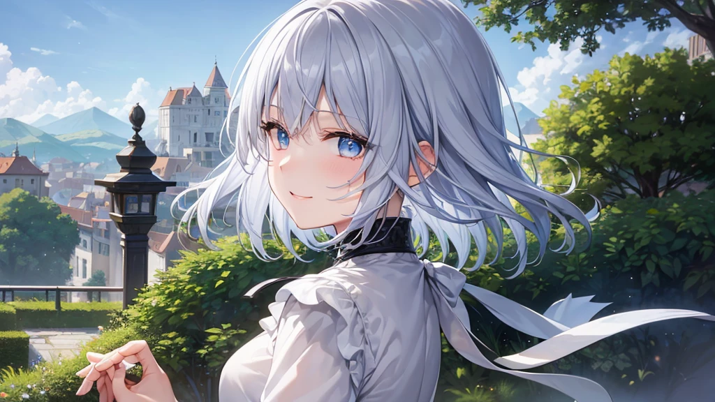 Ultra HD,Look at the viewers, Put your hands behind your back, With a girl, 20-year-old, 非常にShort Hair, Long bangs between the eyes, Pale blue eyes,  Very detailed,(masterpiece、Highest quality),Gray Hair、Laughter、Fantastic, Silver Hair, Iris,  Short hair、 Fluttering Hair、Small Face、明るいsmile、(Detailed face) ,Professional Lighting,Wonderful landscape,blue sky, sunlight,Looking down from above,Portraiture、Open your mouth、Flower Field、Her eyes were shining、Mysterious and enchanting atmosphere。With AI Painting、とてもShort Hair, Long bangs between the eyes, Very detailed,(masterpiece、Highest quality)、alone、Gray Hair、Fantasy, Silver Hair, Fantasyな風景、White shirt、smile、Open your mouth、short hair、Short Hair、hairpin、black eye、Grey Eyes、Beautiful Eyes、