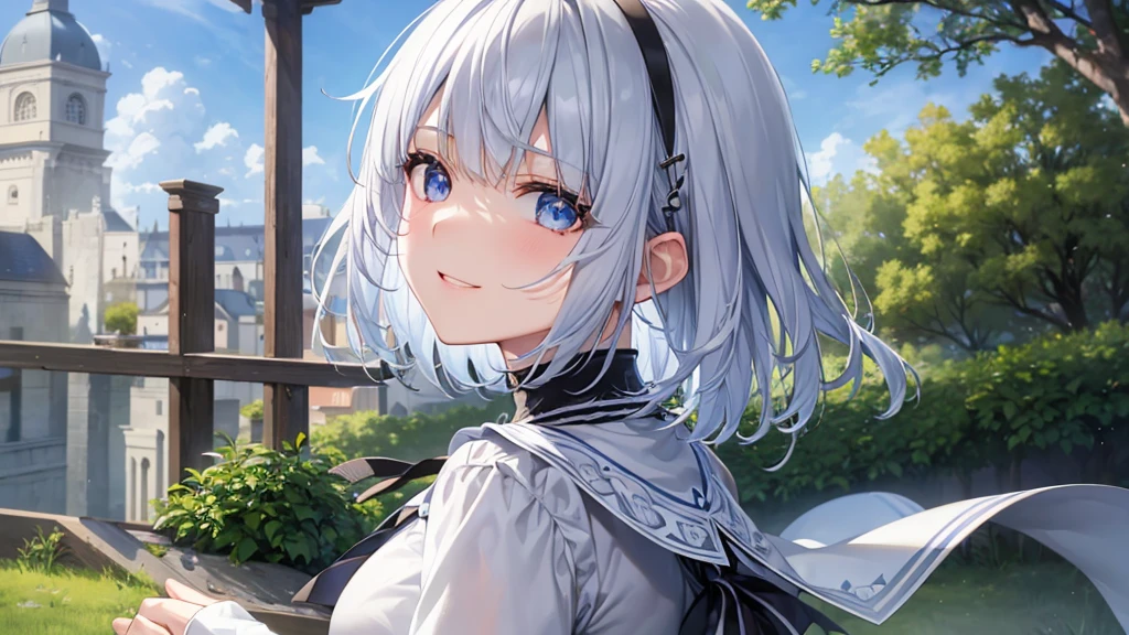 Ultra HD,Look at the viewers, Put your hands behind your back, With a girl, 20-year-old, 非常にShort Hair, Long bangs between the eyes, Pale blue eyes,  Very detailed,(masterpiece、Highest quality),Gray Hair、Laughter、Fantastic, Silver Hair, Iris,  Short hair、 Fluttering Hair、Small Face、明るいsmile、(Detailed face) ,Professional Lighting,Wonderful landscape,blue sky, sunlight,Looking down from above,Portraiture、Open your mouth、Flower Field、Her eyes were shining、Mysterious and enchanting atmosphere。With AI Painting、とてもShort Hair, Long bangs between the eyes, Very detailed,(masterpiece、Highest quality)、alone、Gray Hair、Fantasy, Silver Hair, Fantasyな風景、White shirt、smile、Open your mouth、short hair、Short Hair、hairpin、black eye、Grey Eyes、Beautiful Eyes、