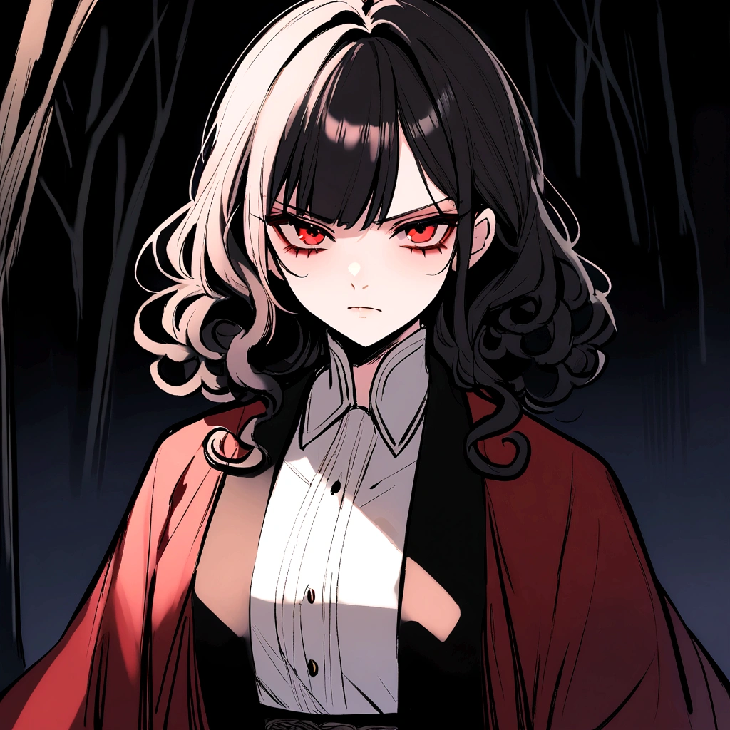 make me a female, 27yo, dark red haori, serious face, very short curly black hair, red eyes, dark forest background scenery, she has a katana