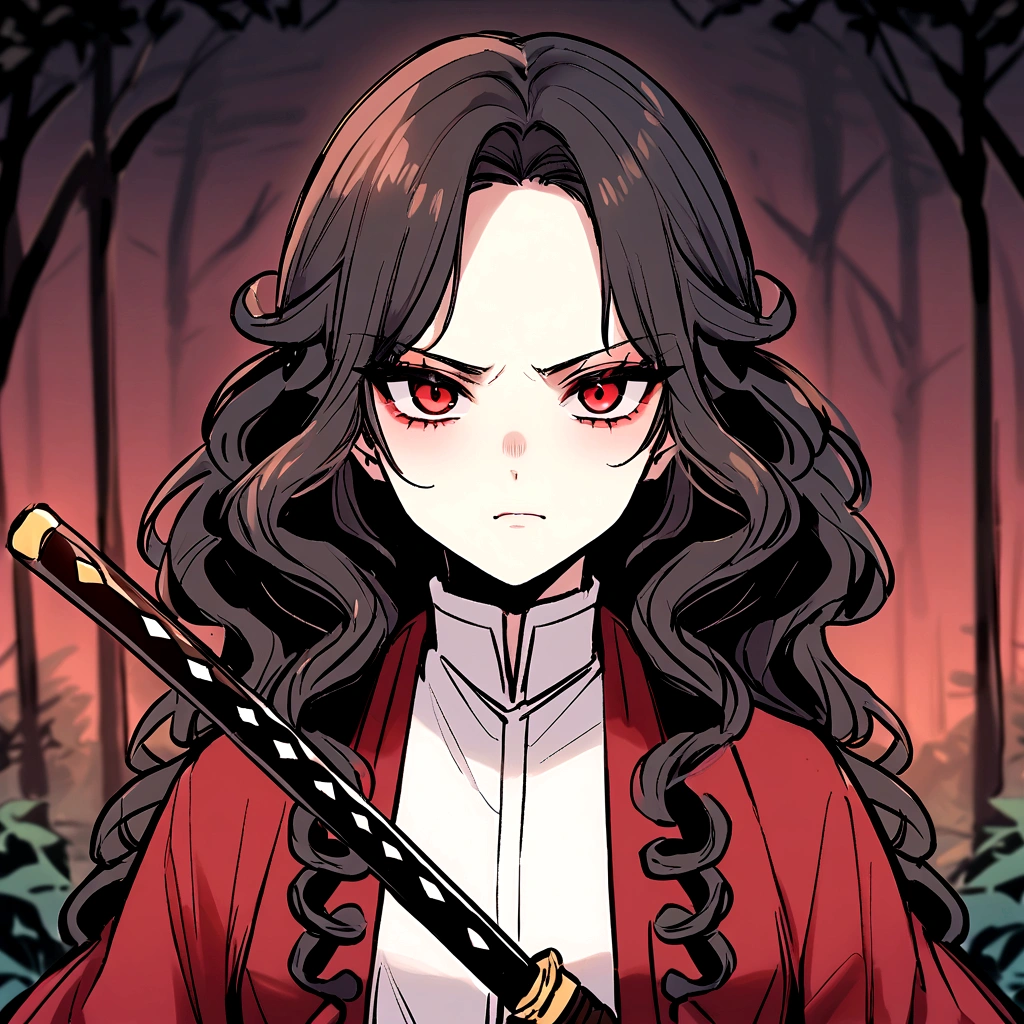 make me a female, 27yo, dark red haori, serious face, very short curly black hair, red eyes, dark forest background scenery, she has a katana