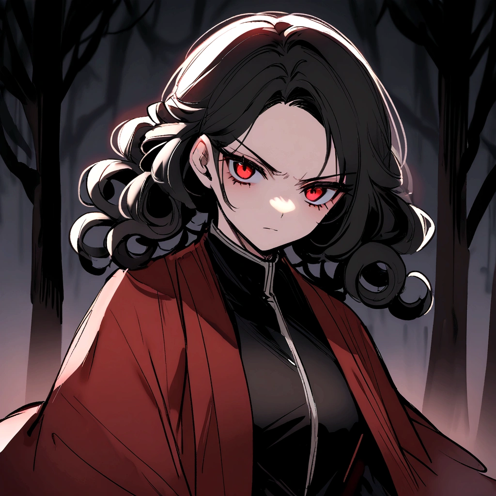 make me a female, 27yo, dark red haori, serious face, very short curly black hair, red eyes, dark forest background scenery, she has a katana