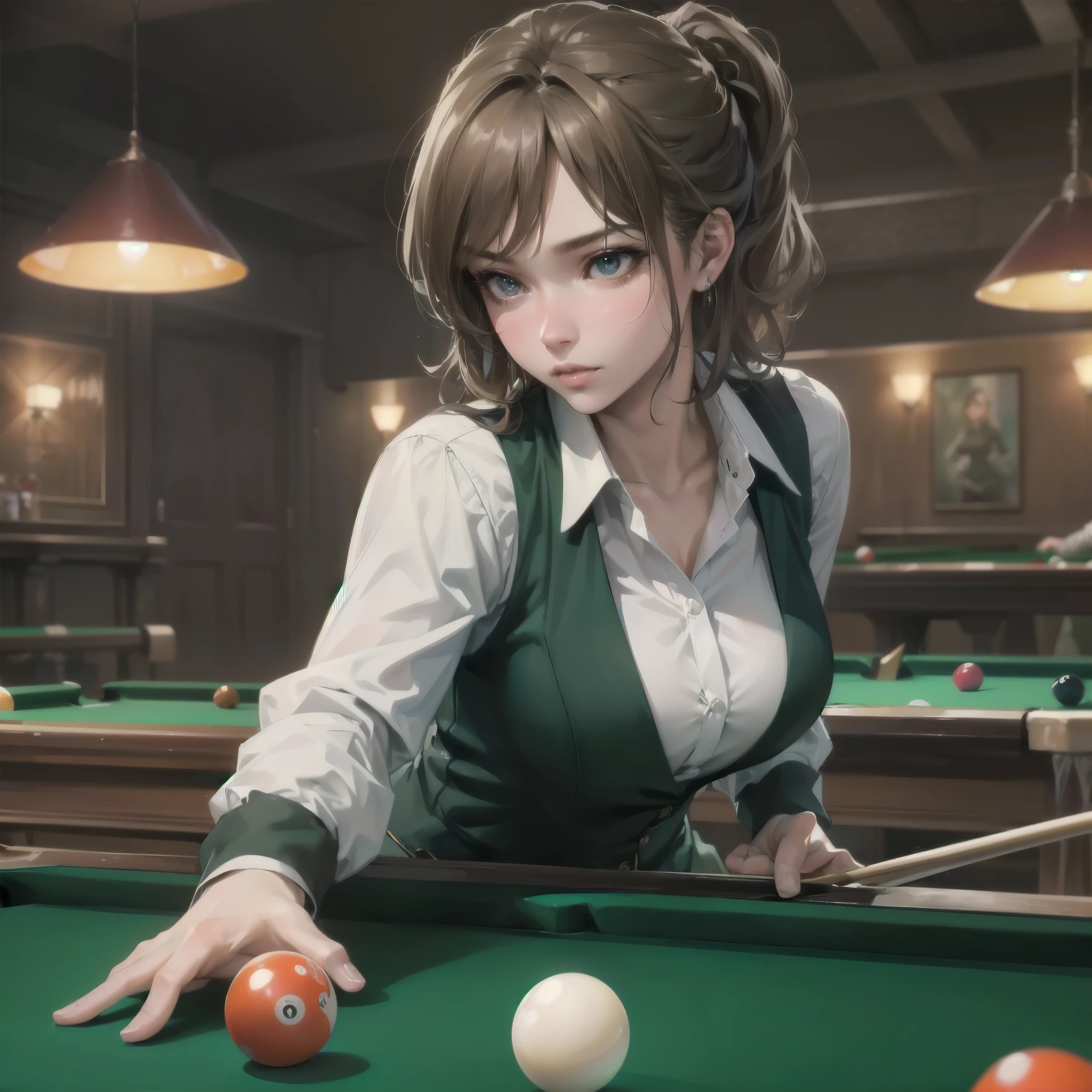 masterpiece, (textured skin), best quality, gorgeous beautiful girl, (a female billiard athlete), detailed clothes,large breasts,narrow waist,, (beautiful face), cinematic lighting, (at billiard venue ),
