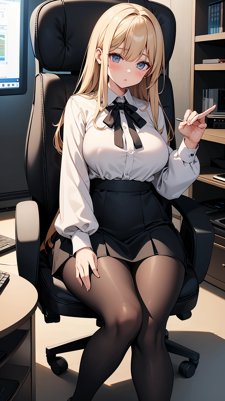 (Raw photography、top-quality)、(realisitic、Photorealsitic:1.3)、masterpiece、extremely delicate and beautiful、A highly detailed、nffsw、Unity、2k wallpaper、astonishing、finely detail、Highly detailed ticker Unity 8k wallpaper、ultra-detailliert、hight resolution、absurderes、1girl in、Soft light、((Blonde long ponytail:1.3))、a beautiful detailed girl、Detailed finger、extremely detailed eye and face、beautiful detailed nose、beatiful detailed eyes、long eyeslashes、1girl in、cute little、25-years old、(full body Esbian:1.3)、(large full breasts、Nipple )、Lifelike face、Realistic body、Beautiful detailed thighs、(Black Sleeveless High Neck:1.3、Red mini skirt:1.3、Pencil skirt with slit)、Garter tights、opens legs:1.3、thighs thighs thighs thighs、(up skirt、Black panties、Inter-strands)、Inside the office、Sit on a desk