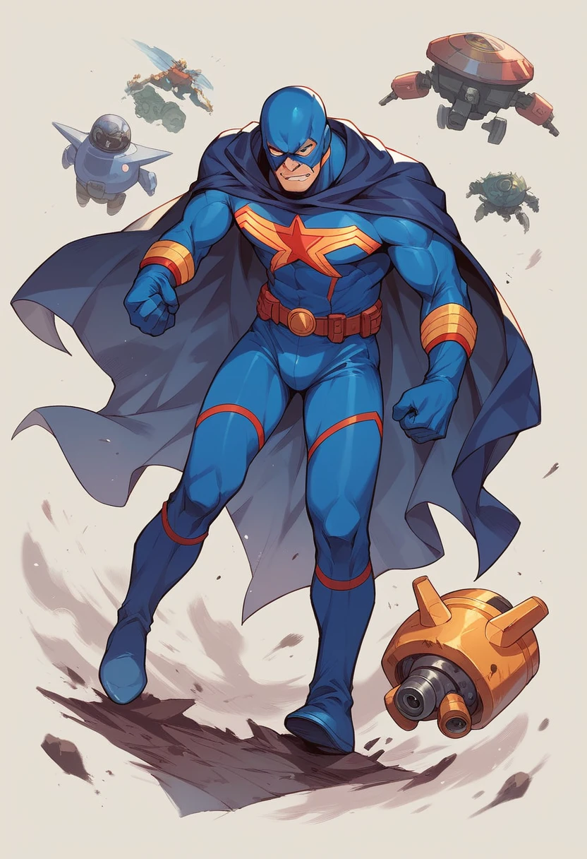 Superhero, hero, strongest human, cloak, mech, strong and robust male, savior, bound