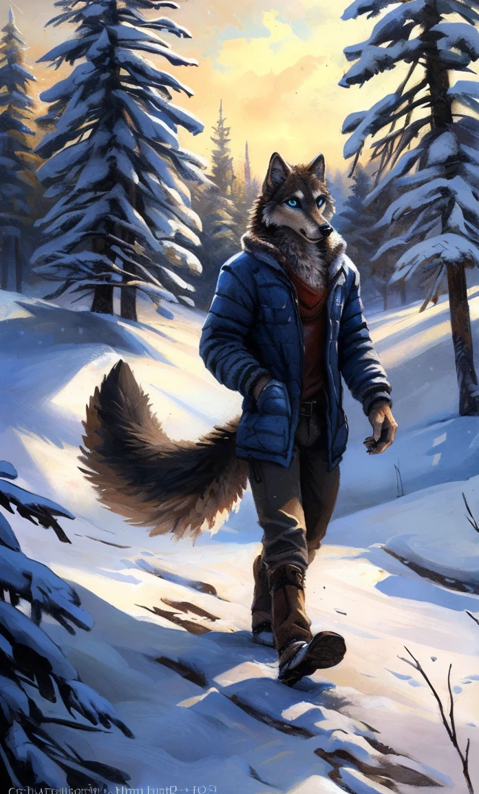 ((Solo)), male people, anthro wolf, (Multi-colored fur, White-brown:1.3,White tail pointed), (Height 3.6m,Tail length 1.2m), ((Wolf face, Big eyes, White eyelids, Blue pupil, Slim:1.2) (Tough, Calm expression:1.2)), Slim, pinging)), (Correct anatomy), (Winter clothing:1.1), The upper body naked, (detailed outfits),A long big tail,Feet,(Realistic fur, Detailed fur texture, labeled:1.3)), (Natural lighting), Photorealistic, Hyperrealistic, ultradetailed, by Kenket,Snowfield,erect through,Running on