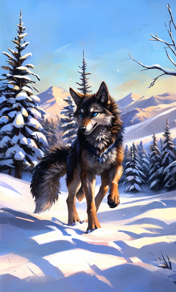 ((Solo)), male people, anthro wolf, (Multi-colored fur, White-brown:1.3,White tail pointed), (Height 3.6m,Tail length 1.2m), ((Wolf face, Big eyes, White eyelids, Blue pupil, Slim:1.2) (Tough, Calm expression:1.2)), Slim, pinging)), (Correct anatomy), (Winter clothing:1.1), The upper body naked, (detailed outfits),A long big tail,Feet,(Realistic fur, Detailed fur texture, labeled:1.3)), (Natural lighting), Photorealistic, Hyperrealistic, ultradetailed, by Kenket,Snowfield,erect through,Running on
