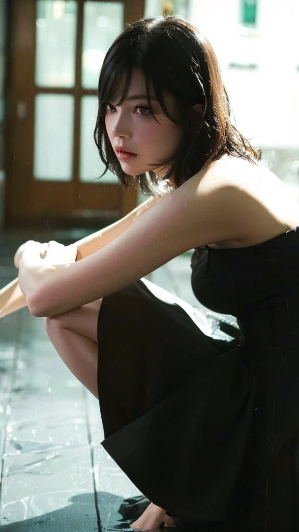 ((Best quality, 8k, Masterpiece :1.3)), Sharp focus :1.2, A pretty woman with perfect figure :1.4, Slender abs :1.2, ((Layered haircut, Big breasts :1.2)), (Wet white button up long shirt :1.1), (Rain, Street:1.2), Wet body :1.5, Highly detailed face and skin texture, Detailed eyes, Double eyelid