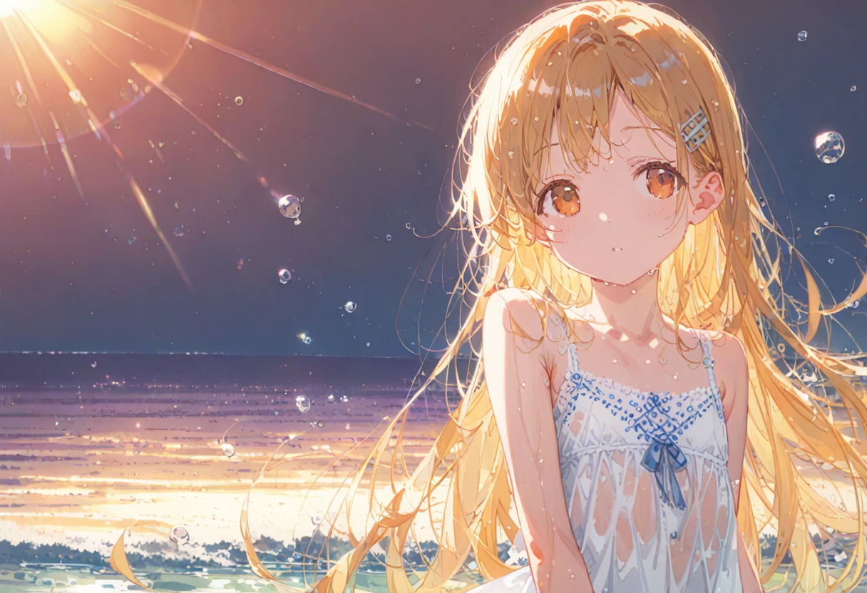 score_9,score_8_superior,score_7_superior,sauce_anime, Break 1 Girl, alone, shinosawa hiro, thin, Orange eyes, White eyelashes, Blonde, Long Hair, Hair Clip, , Flat Chest, slim, rib, Water Play, Dress Lift, Wet, See-through silhouette, sunlight, light, bloom, Lens flare, dark, Cowboy Shot, From behind, Recall,