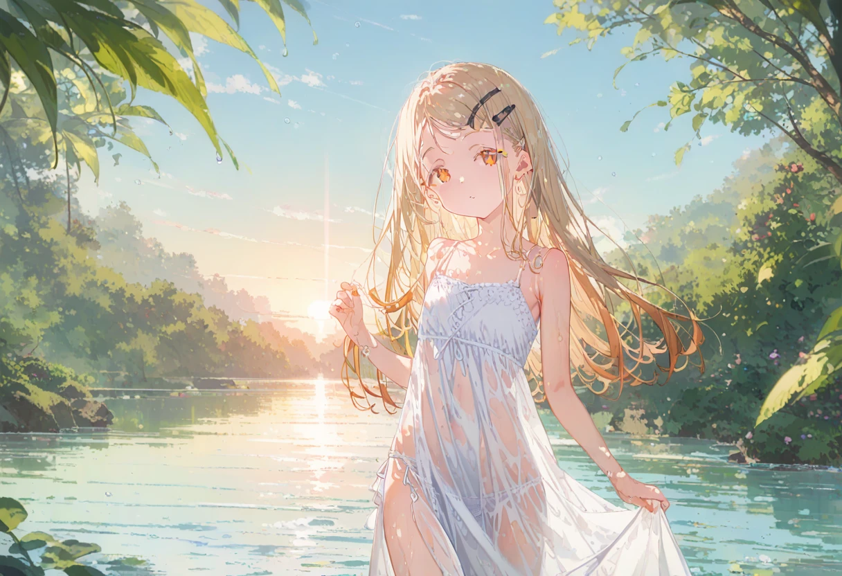 score_9,score_8_superior,score_7_superior,sauce_anime, Break 1 Girl, alone, shinosawa hiro, thin, Orange eyes, White eyelashes, Blonde, Long Hair, Hair Clip, , Flat Chest, slim, rib, Water Play, Dress Lift, Wet, See-through silhouette, sunlight, light, bloom, Lens flare, dark, Cowboy Shot, From behind, Recall,