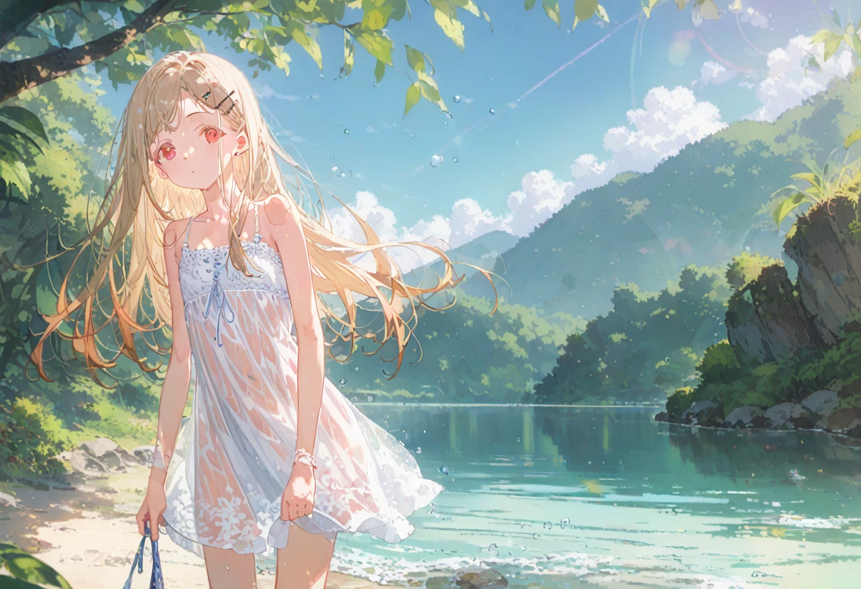 score_9,score_8_superior,score_7_superior,sauce_anime, Break 1 Girl, alone, shinosawa hiro, thin, Orange eyes, White eyelashes, Blonde, Long Hair, Hair Clip, , Flat Chest, slim, rib, Water Play, Dress Lift, Wet, See-through silhouette, sunlight, light, bloom, Lens flare, dark, Cowboy Shot, From behind, Recall,