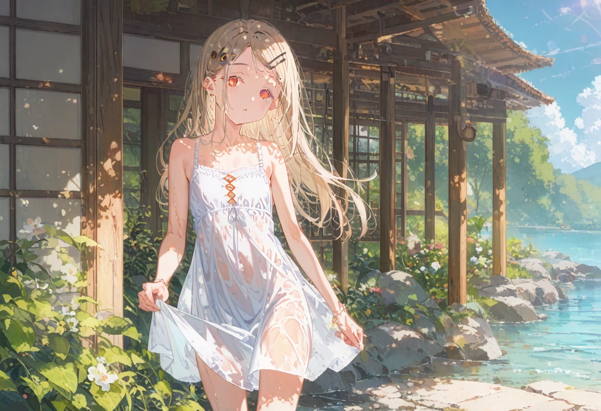 score_9,score_8_superior,score_7_superior,sauce_anime, Break 1 Girl, alone, shinosawa hiro, thin, Orange eyes, White eyelashes, Blonde, Long Hair, Hair Clip, , Flat Chest, slim, rib, Water Play, Dress Lift, Wet, See-through silhouette, sunlight, light, bloom, Lens flare, dark, Cowboy Shot, From behind, Recall,