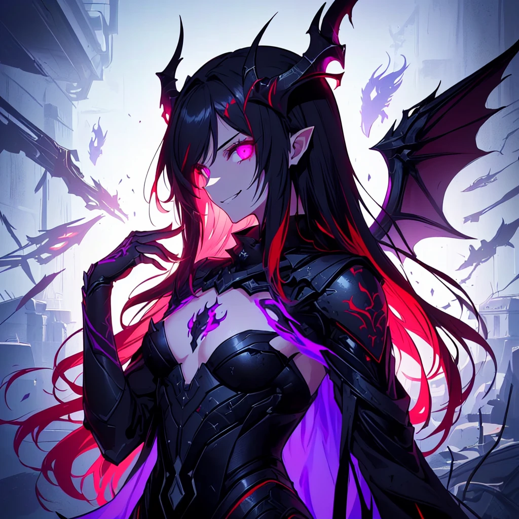 anime character with a purple and black wings and a purple and black dragon, purple ancient antler deity, warframe hound, fit girl demon with white horns, demon soul concept art, detailed warframe, lolth, female djinn demon hybrid, warframe infested art, nightmare render, warframe hound art, king of time reaper, illithid, (human, 1girl, solo, upper body shot, side shot, from the side:1.33), dynamic pose, expressive, (arrogance:1.5), snarl, (multi colour hair, black hair, red hair:1.12), head tilt, grin, crazy eyes, (flat chest, evil:1.2), long hair