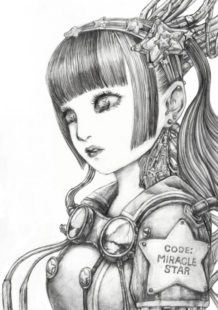 Wearing a helmet、A woman with a star on her head, Portrait of a Mechanical Girl, Inspired by Hajime Sorayama, Portrait of a female mechanic, Inspired by Shiro Masamune, Like a female mechanic, Cyborg - Girl, Cyborg Girl, Cyborg Queen&#39;s Portrait, Ultra-detailed manga drawing, A girl designed by Hajime Sorayama