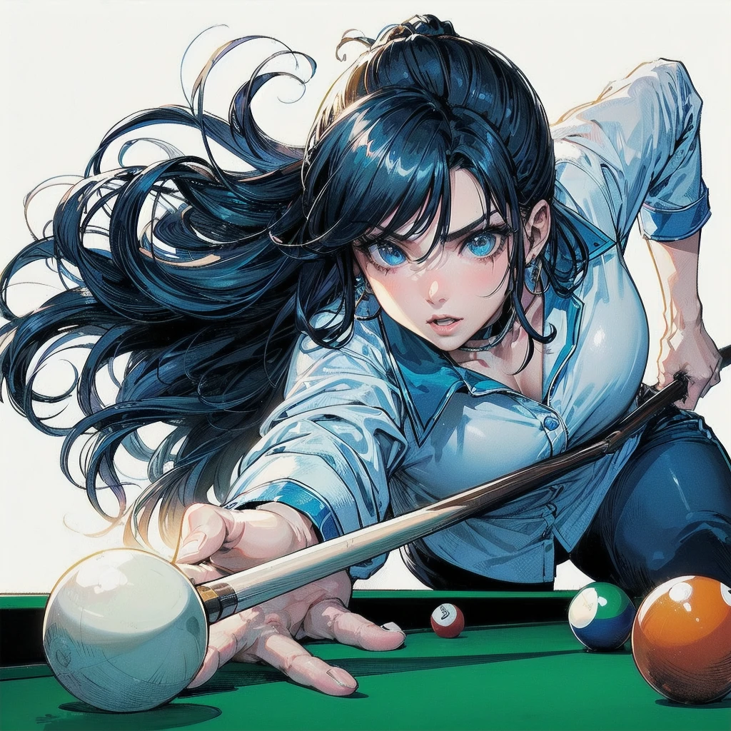 masterpiece, (textured skin), best quality, gorgeous beautiful girl, (a female billiard athlete), detailed clothes,large breasts,narrow waist,, (beautiful face), cinematic lighting, (at billiard venue ),