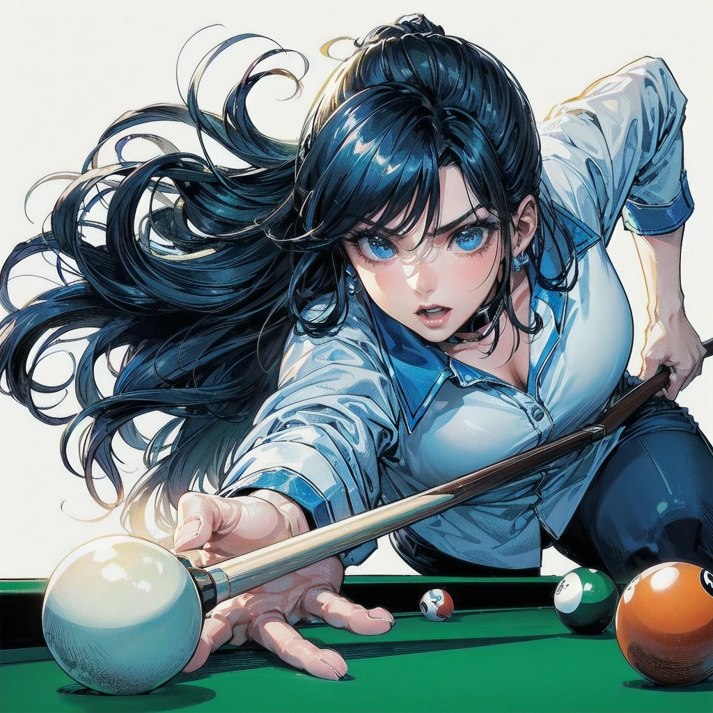  masterpiece, (textured skin), best quality, gorgeous beautiful girl, (a female billiard athlete), detailed clothes,large breasts,narrow waist,, (beautiful face), cinematic lighting, (at billiard venue ),