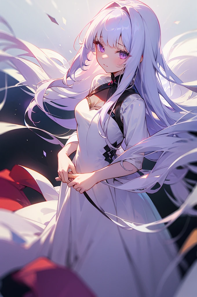 a girl with middle-long white hair, bangs, light purple eyes, red promdress