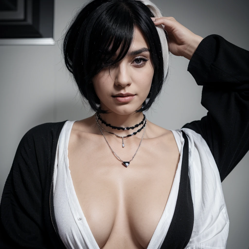 A woman with black and white hair, wearing black clothes, white skin, wearing a black necklace