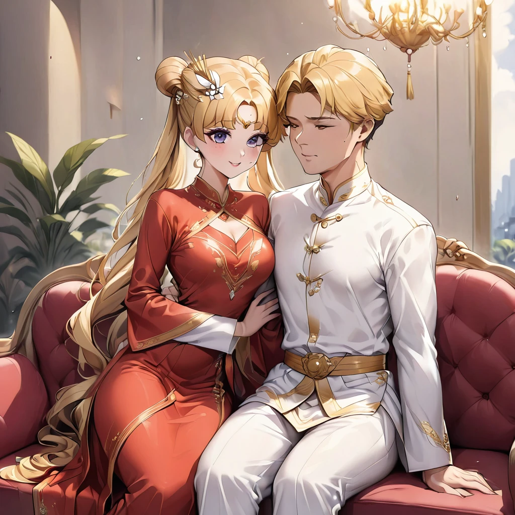 ((Highest quality)), ((masterpiece)), (detailed), (Perfect Face)、The woman is embraced by her daughter who has grown into a beautiful young woman who resembles her.、Mother and daughter、The woman is Vietnamese Tsukino Usagi, wearing a gorgeous and glittering ao dai, a traditional Vietnamese dress with gold embroidery, a gorgeous hair ornament, gorgeous jeweled accessories and an engagement ring. The man and woman are sitting on a luxurious, large sofa in a luxurious room, and the woman is being held in the arms of a dignified and sturdy middle-aged Vietnamese man dressed in Vietnamese national dress.、The woman is the elegant Tsukino Usagi, a Vietnamese girl with long blonde hair in a chignon twin tail and wearing an ao dai.、The man is a dignified and sturdy middle-aged Vietnamese man wearing Vietnamese national costume.