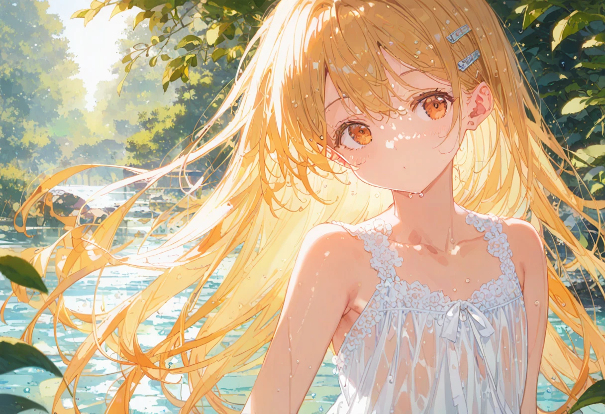score_9,score_8_superior,score_7_superior,sauce_anime, Break 1 Girl, alone, shinosawa hiro, thin, Orange eyes, White eyelashes, Blonde, Long Hair, Hair Clip, , Flat Chest, slim, rib, Water Play, Dress Lift, Wet, See-through silhouette, sunlight, light, bloom, Lens flare, dark, Cowboy Shot, From behind, Recall, (masterpiece:1.2, Highest quality), (Fine and beautiful eyes: 1.2), (Beautiful and dense face), (Sharp facial hair between the eyes)、Dynamic Pose