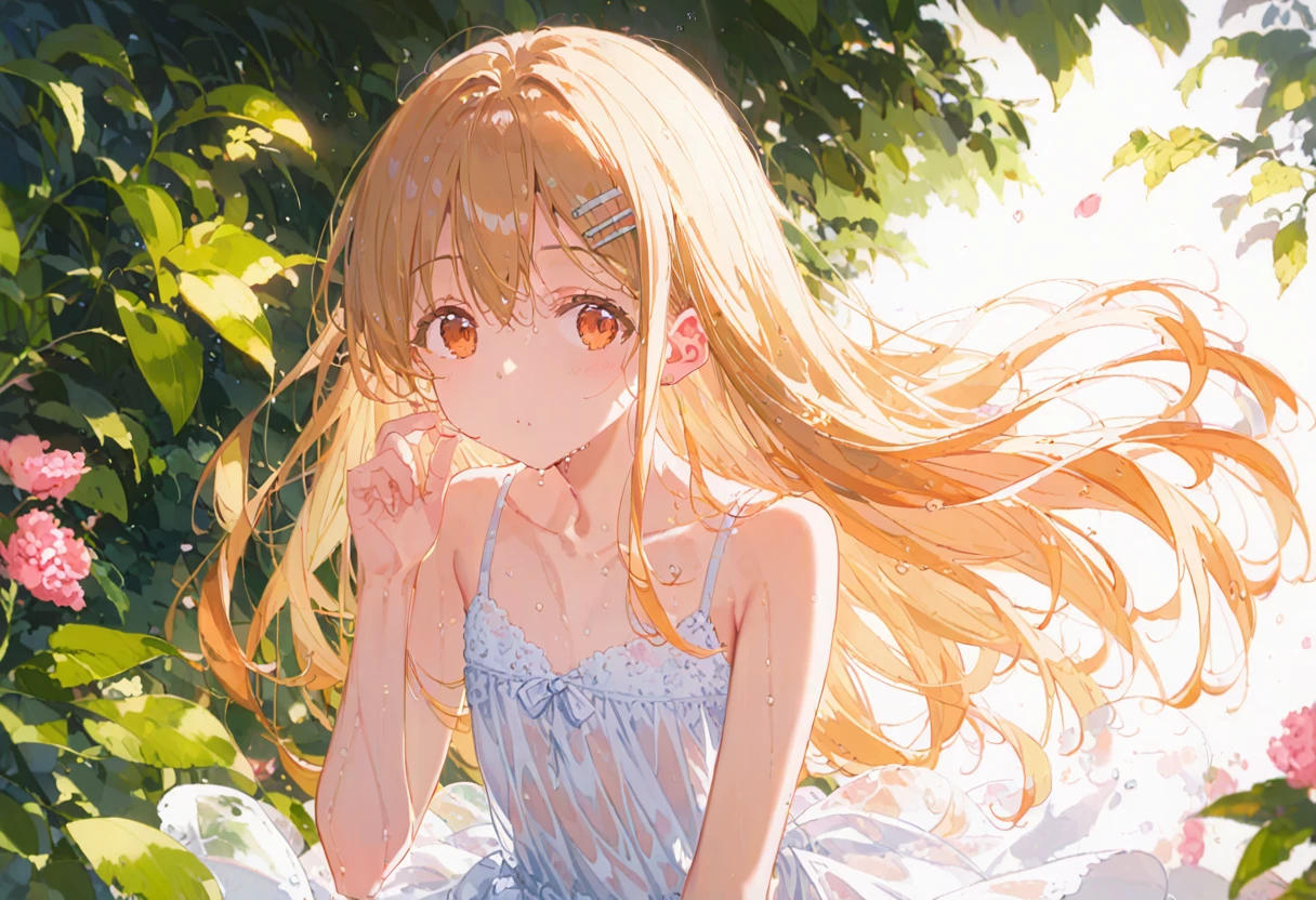 score_9,score_8_superior,score_7_superior,sauce_anime, Break 1 Girl, alone, shinosawa hiro, thin, Orange eyes, White eyelashes, Blonde, Long Hair, Hair Clip, , Flat Chest, slim, rib, Water Play, Dress Lift, Wet, See-through silhouette, sunlight, light, bloom, Lens flare, dark, Cowboy Shot, From behind, Recall, (masterpiece:1.2, Highest quality), (Fine and beautiful eyes: 1.2), (Beautiful and dense face), (Sharp facial hair between the eyes)、Dynamic Pose