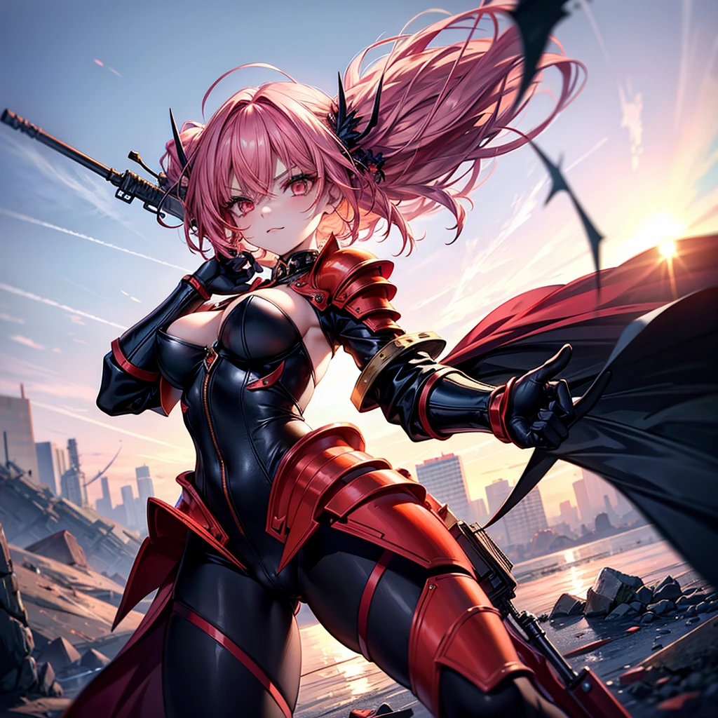 ((Highest quality)), ((masterpiece)), (detailed), (very short hair), ((nsfw)), standing,

Create an image of a ruthless female character belonging to the Versatile Order. She has a striking and menacing appearance with an aura of danger. Her hair is long, flowing, and vibrant, resembling fireworks, with a mix of bright colors like red, orange, and yellow. Her eyes are sharp and predatory, glowing with a sinister light. She has a lithe and athletic build, with an air of agility and strength.

Background: Set in a dark, chaotic battlefield or a ruined cityscape, with smoke and fire in the background. Include elements like shattered buildings, burning debris, and a blood-red sky to add depth and atmosphere.

Pose and Expression: She stands confidently, holding a deadly weapon like a spiked chain or dual blades, ready for combat. Her expression is a mix of cruelty and delight, with a wicked smile that shows she enjoys the chaos and destruction she causes. Her eyes should reflect a sense of malicious joy, and her posture should convey readiness for action.

Outfit: Her outfit is striking and functional, inspired by traditional and modern elements. She wears a dark bodysuit adorned with vibrant patterns and armor pieces with sharp spikes. The bodysuit includes red and orange accents, with intricate designs reminiscent of fireworks. She has armor pieces on her shoulders, gauntlets, and knee-high boots, all designed with detailed, menacing aesthetics. The outfit should have a realistic texture, showing wear and tear from battles.

Additional Details: Her weapons should be detailed and menacing, reflecting her brutal nature. The spiked chain or dual blades should have intricate designs and a realistic, lethal appearance. The background should enhance her dangerous aura, with dramatic lighting and shadows that highlight her menacing presence. Her overall appearance should be dynamic and unsettling, capturing her ruthless and chaotic nature. The elements in the background should interact with her prese