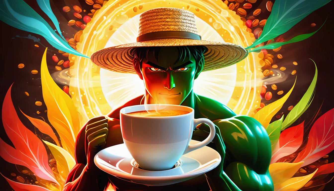 Create a vibrant, colorful image that represents the strength of coffee, in an anime style. In the center, place a steaming cup of coffee with a liquid of deep, rich color, emanating an energetic aura. Behind the cup, add a muscular country man style man, with a straw hat to symbolize the energy and vitality provided by coffee. Around the cup and the man, include elements like bright coffee beans and fresh green leaves. Incorporate rays of golden light radiating from the cup to reinforce the feeling of energy. The background should be a kaleidoscope of bright colors like red, orange, yellow and green, creating a feeling of dynamism and power. The image should convey the idea that coffee is a powerful source of energy and revitalization, with an anime stylistic touch.