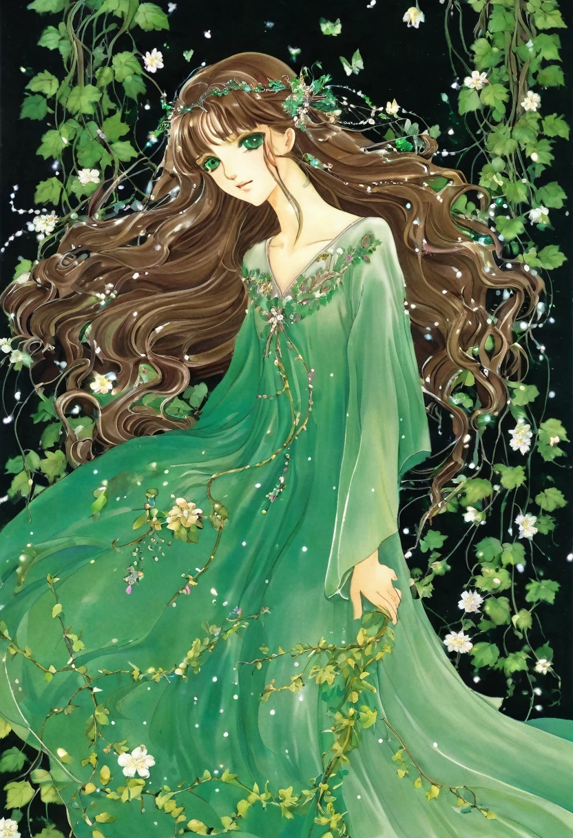 Generate a fantasy anime girl character with a gentle yet determined demeanor. She has waist-length chestnut brown hair that cascades in soft waves and bright emerald-green eyes that sparkle with curiosity. Dress her in a flowing, ethereal gown woven with delicate vines and adorned with subtle shimmering gems. Place her in a serene enchanted garden filled with glowing mushrooms and exotic flowers, where faeries dance in the moonlight