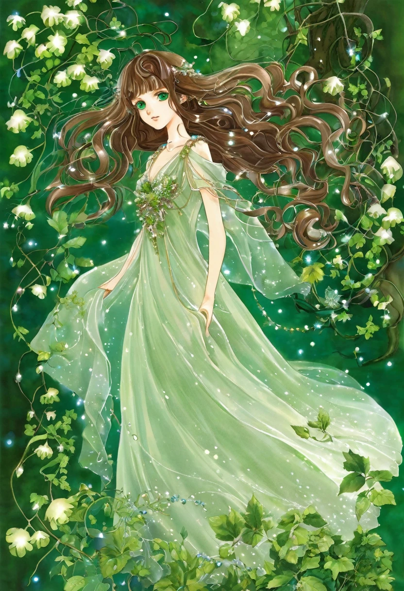 Generate a fantasy anime girl character with a gentle yet determined demeanor. She has waist-length chestnut brown hair that cascades in soft waves and bright emerald-green eyes that sparkle with curiosity. Dress her in a flowing, ethereal gown woven with delicate vines and adorned with subtle shimmering gems. Place her in a serene enchanted garden filled with glowing mushrooms and exotic flowers, where faeries dance in the moonlight