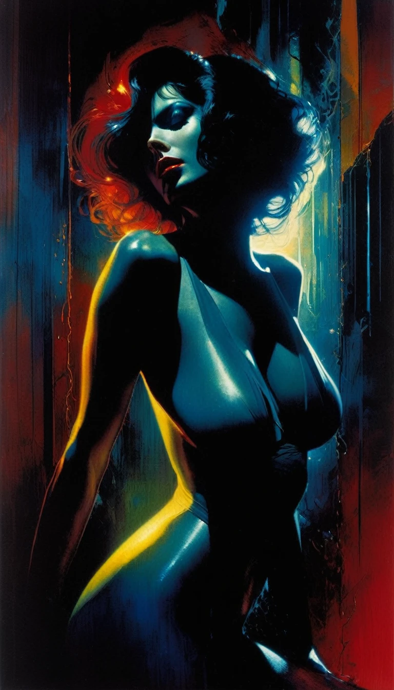The sexy and dark art of seduction (art inspired in Bill Sienkiewicz). oil painting) (best quality,4k,8k,highres,masterpiece:1.2),ultra-detailed,(realistic,photorealistic,photo-realistic:1.37),intricate details,vivid colors,sharp focus,professional,Dave McKean artwork, oil touch of surrealism,oil painting style