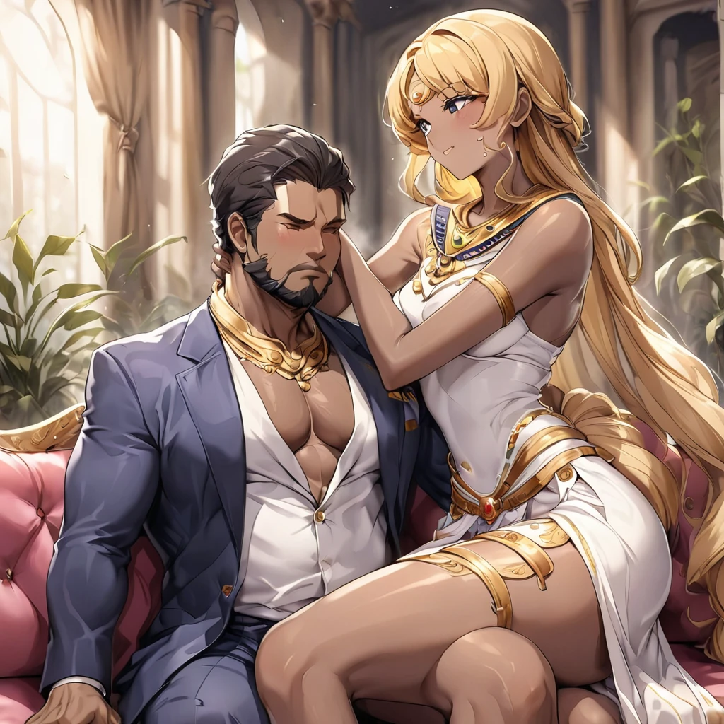 ((Highest quality)), ((masterpiece)), (detailed), (Perfect Face)、The woman is embraced by her daughter who has grown into a beautiful young woman who resembles her.、Mother and daughter、The woman is an Egyptian named Tsukino Usagi with vivid brown skin, and is wearing a gorgeous, glittering Egyptian traditional dress with gold embroidery, a gorgeous hijab, gorgeous jeweled accessories and an engagement ring in a luxurious Egyptian mansion. The woman and the man are sitting on a luxurious, large sofa in the luxurious room, and the woman is being held in the arms of a dignified, muscular, bearded middle-aged man wearing Egyptian traditional dress.、The woman is the elegant Tsukino Usagi, with long blonde hair in a chignon twin tail. The woman is an Egyptian with vivid brown skin and wearing Egyptian clothing.、(The woman is the dark-skinned Egyptian Tsukino Usagi.)、The man is a dignified, muscular, bearded, middle-aged Egyptian man wearing traditional Egyptian clothing.